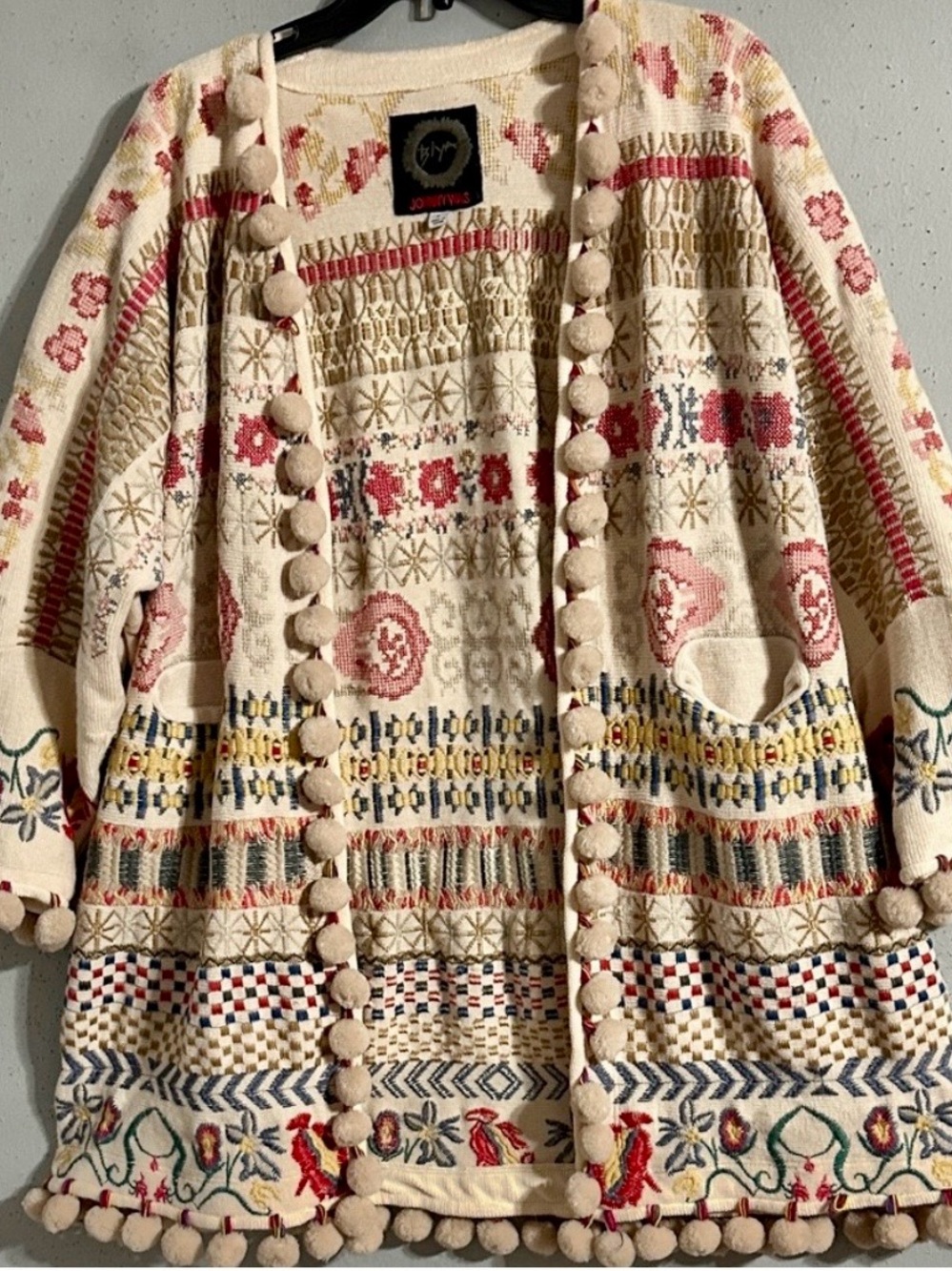 Johnny Was Cream Embroidered Pom-Pom Open Jacket SZ MED
